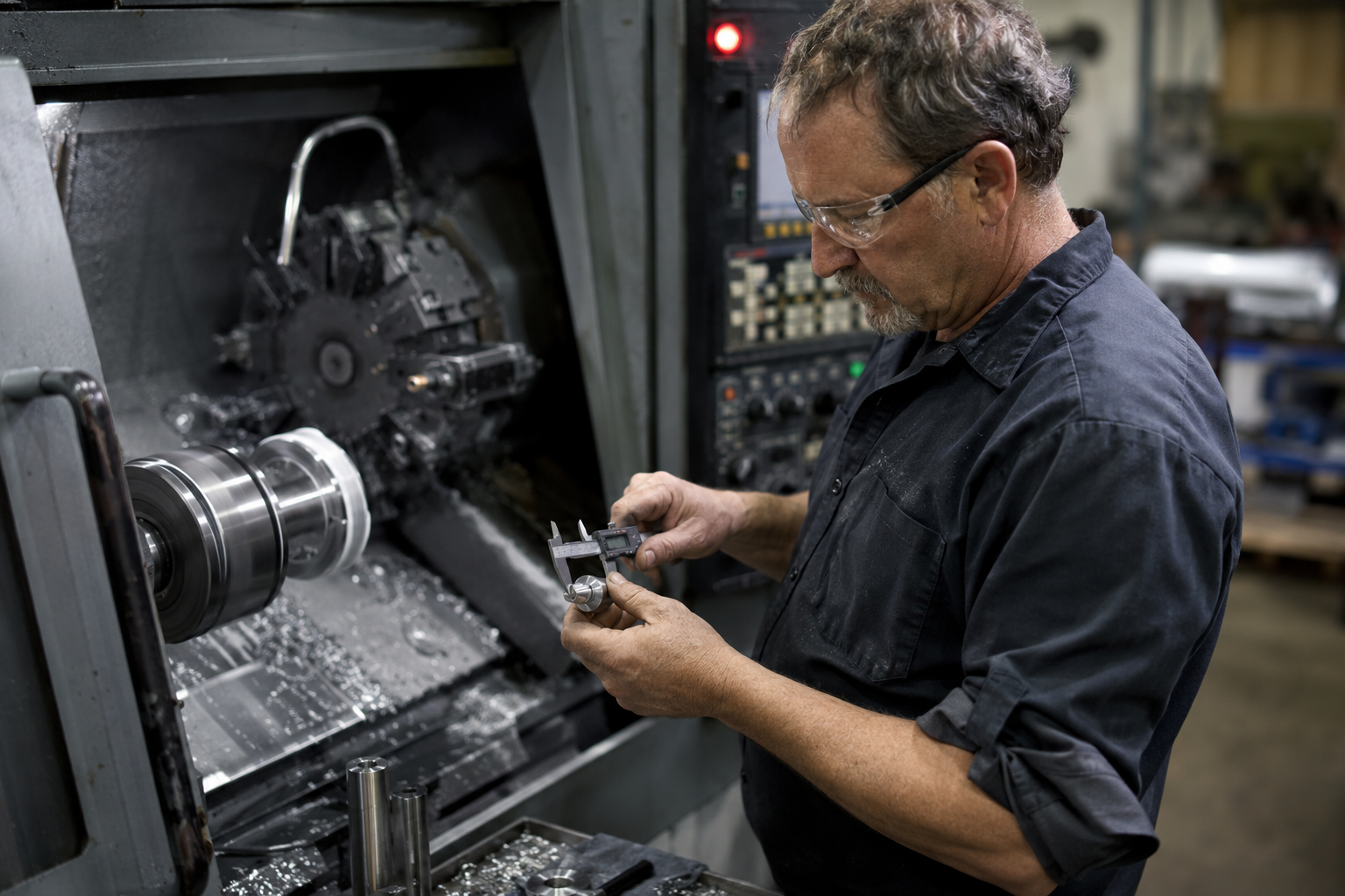 Machiniste CNC lisant une mesure au pied à coulisse