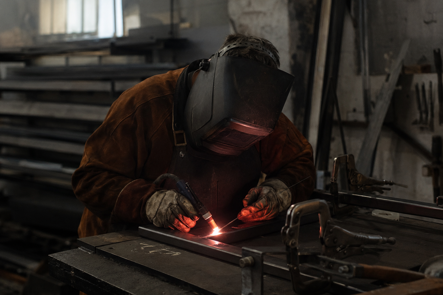 Soudeur au poste de travail, casque baissé, arc électrique en cours
